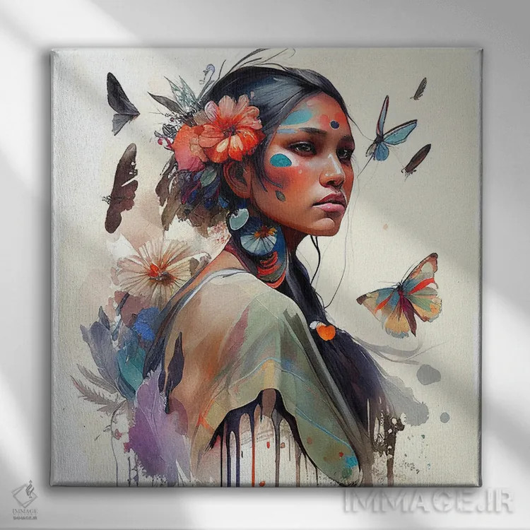 تابلو زن سرخپوست هندی با گلهای آبرنگی سوم اثر استودیو کروماتیک فیوژن - نمای روبهرو روی دیوار
