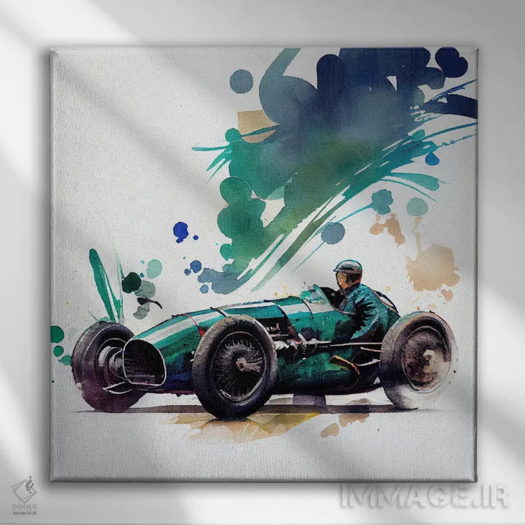 تابلو ماشین مسابقهای کلاسیک آبرنگی چهارم اثر استودیو کروماتیک فیوژن - نمای روبهرو روی دیوار