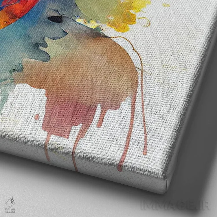 تابلو زن سرخپوست هندی با گلهای آبرنگی یکم اثر استودیو کروماتیک فیوژن - نمای نزدیک بافت بوم