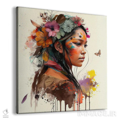 تابلو زن سرخپوست هندی با گلهای آبرنگی چهارم اثر استودیو کروماتیک فیوژن - نمای پرسپکتیو محصول
