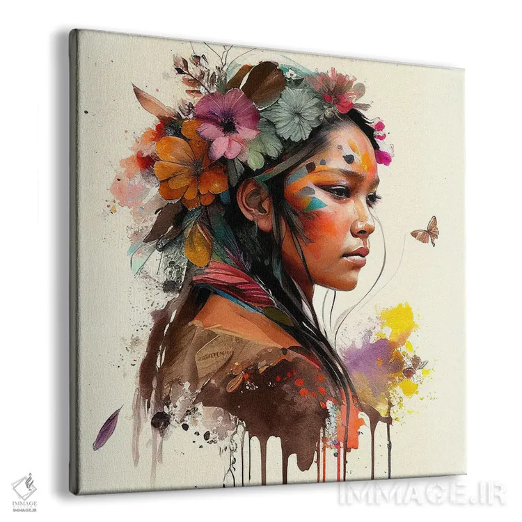 تابلو زن سرخپوست هندی با گلهای آبرنگی چهارم اثر استودیو کروماتیک فیوژن - نمای پرسپکتیو محصول