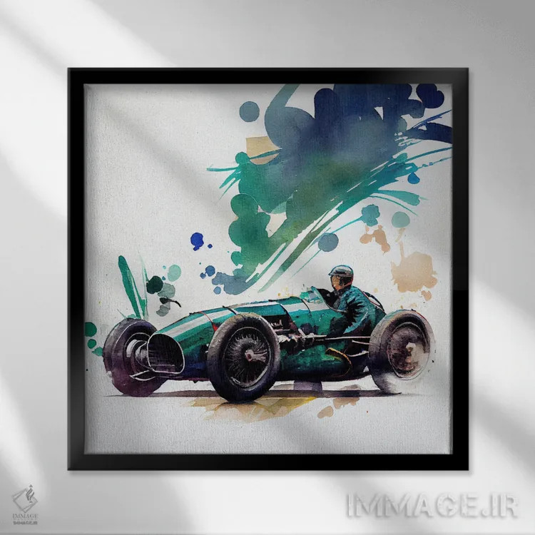تابلو ماشین مسابقهای کلاسیک آبرنگی چهارم اثر استودیو کروماتیک فیوژن - نمای قابدار مشکی