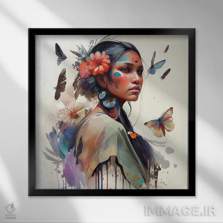 تابلو زن سرخپوست هندی با گلهای آبرنگی سوم اثر استودیو کروماتیک فیوژن - نمای قابدار مشکی