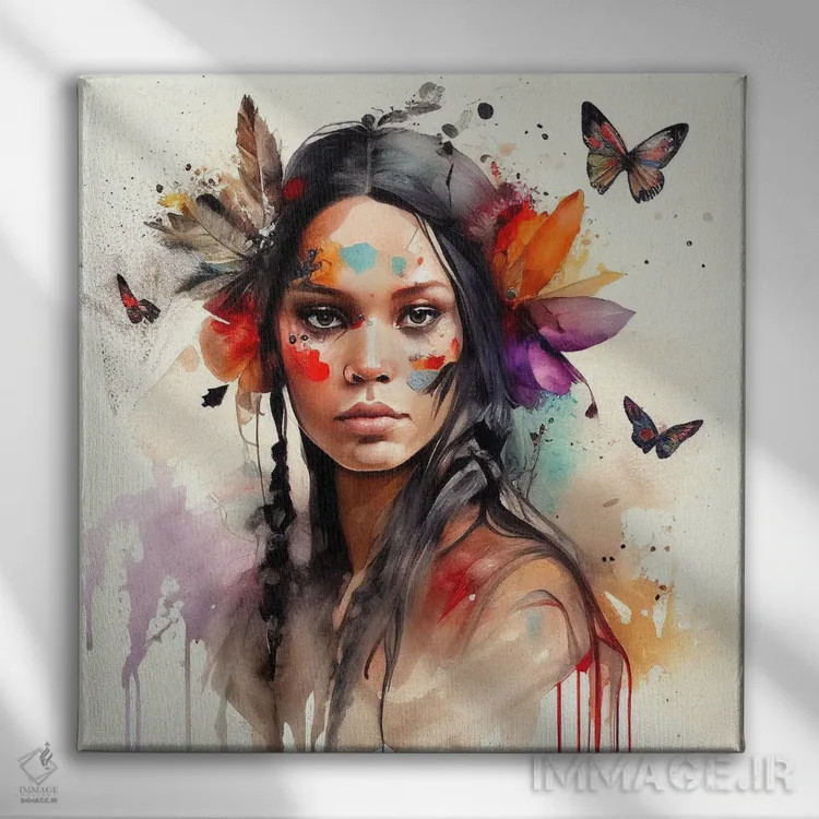 تابلو زن سرخپوست هندی با گلهای آبرنگی ششم اثر استودیو کروماتیک فیوژن - نمای روبهرو روی دیوار