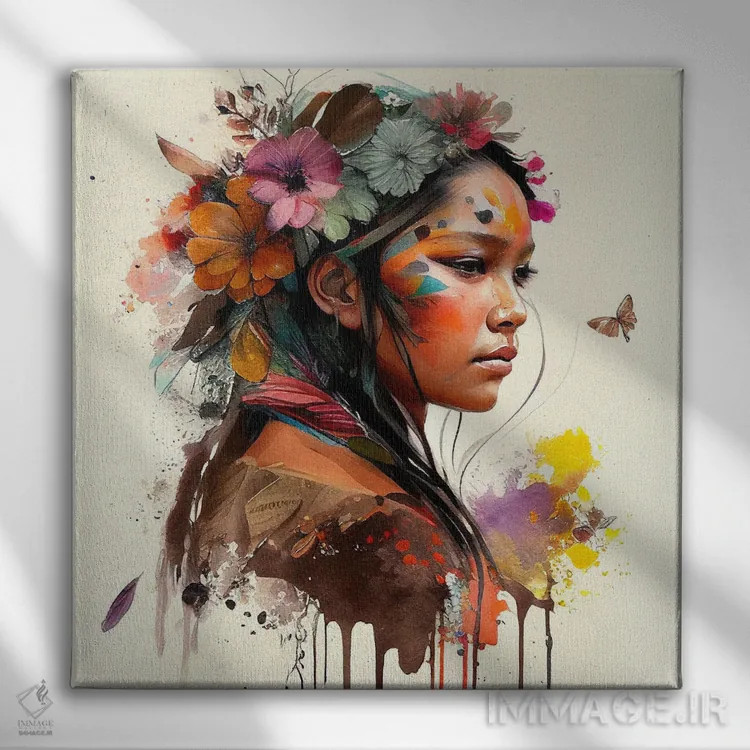 تابلو زن سرخپوست هندی با گلهای آبرنگی چهارم اثر استودیو کروماتیک فیوژن - نمای روبهرو روی دیوار