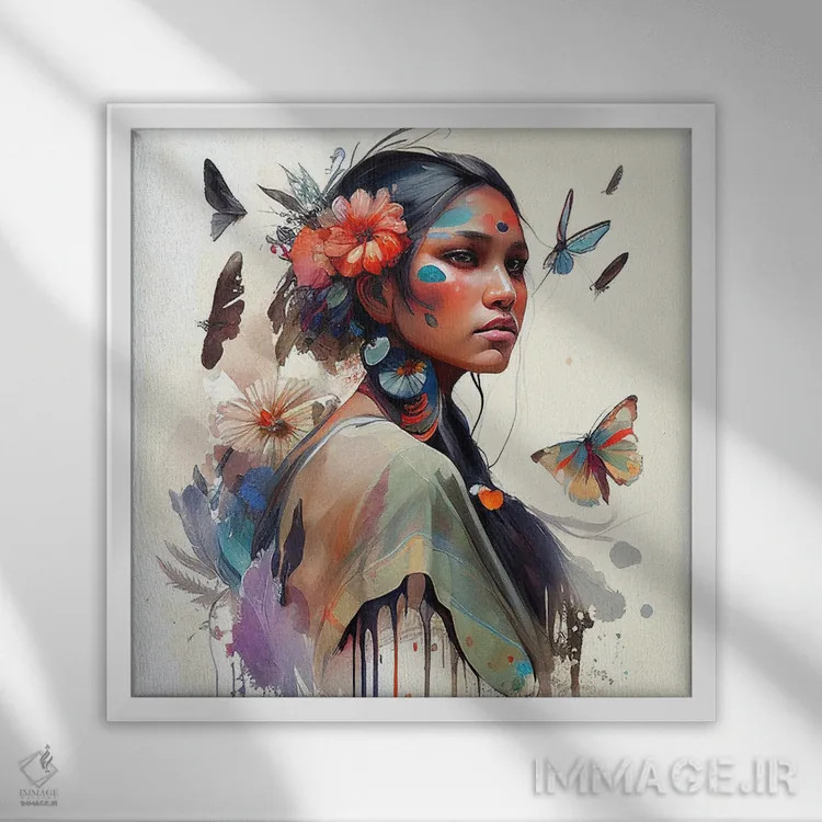 تابلو زن سرخپوست هندی با گلهای آبرنگی سوم اثر استودیو کروماتیک فیوژن - نمای قابدار سفید