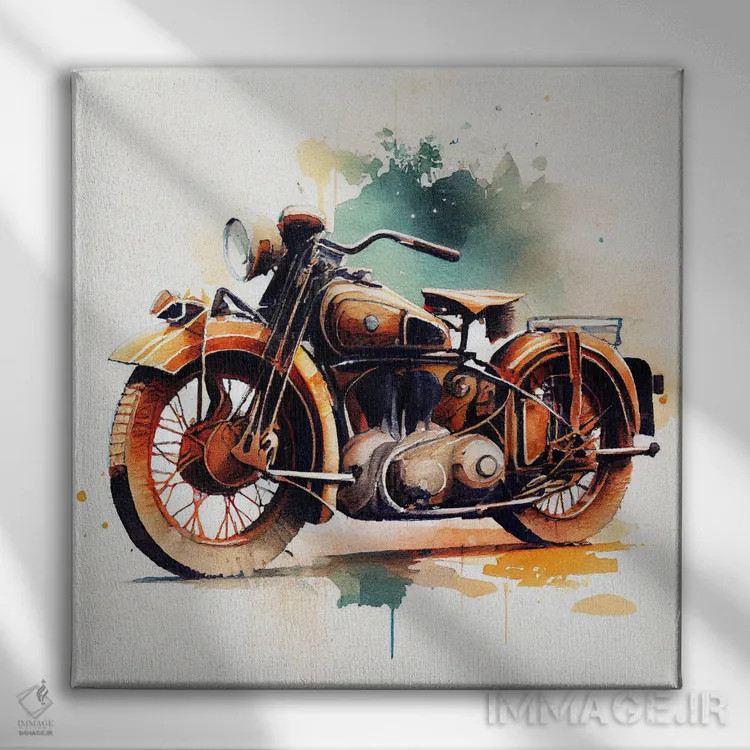 تابلو موتورسیکلت کلاسیک آبرنگی چهارم اثر استودیو کروماتیک فیوژن - نمای روبهرو روی دیوار