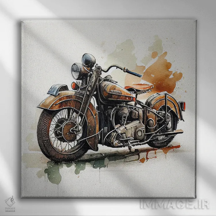 تابلو موتورسیکلت کلاسیک آبرنگی یکم اثر استودیو کروماتیک فیوژن - نمای روبهرو روی دیوار