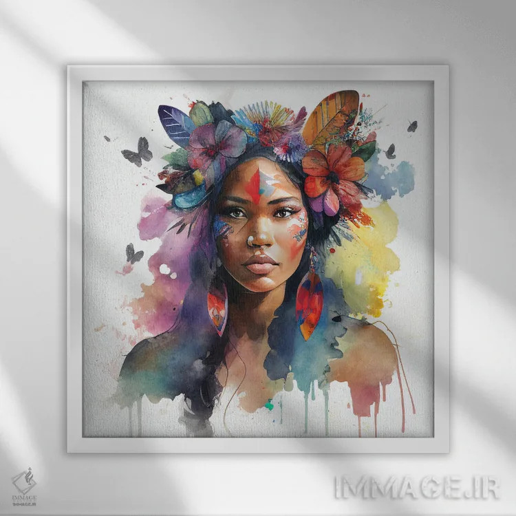 تابلو زن سرخپوست هندی با گلهای آبرنگی یکم اثر استودیو کروماتیک فیوژن - نمای قابدار سفید