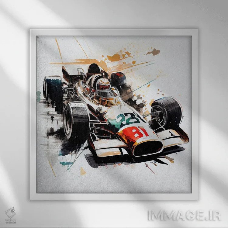 تابلو ماشین مسابقهای کلاسیک آبرنگی دوم اثر استودیو کروماتیک فیوژن - نمای قابدار سفید