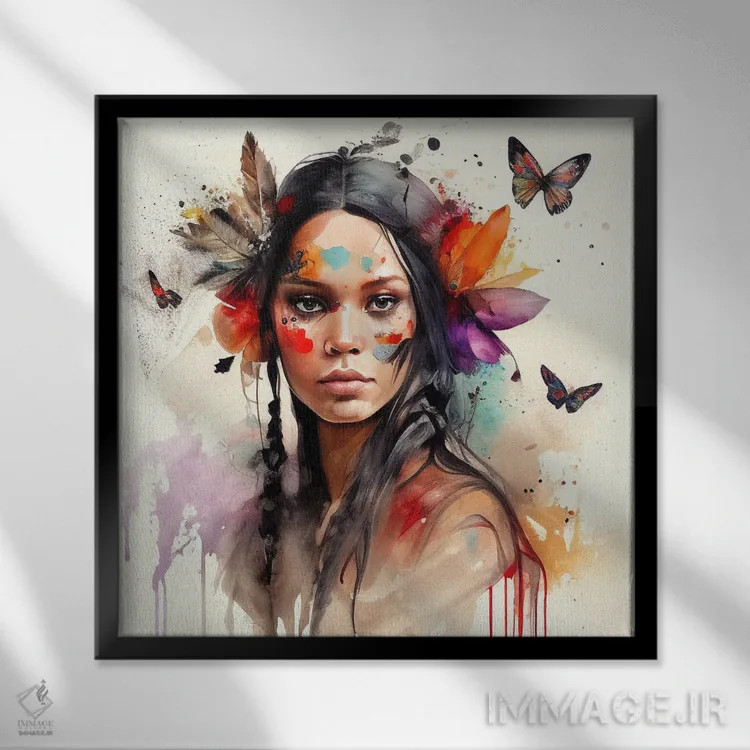 تابلو زن سرخپوست هندی با گلهای آبرنگی ششم اثر استودیو کروماتیک فیوژن - نمای قابدار مشکی