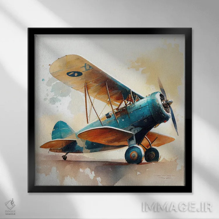 تابلو هواپیمای کلاسیک آبرنگی یکم اثر استودیو کروماتیک فیوژن - نمای قابدار مشکی