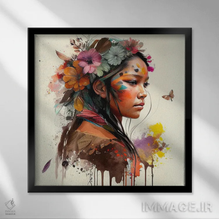 تابلو زن سرخپوست هندی با گلهای آبرنگی چهارم اثر استودیو کروماتیک فیوژن - نمای قابدار مشکی