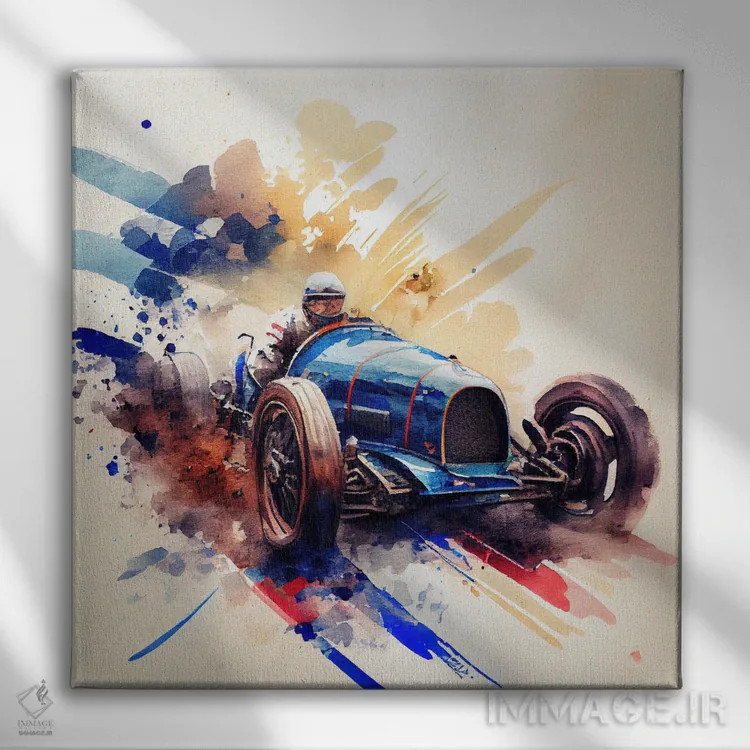 تابلو ماشین مسابقهای کلاسیک آبرنگی پنجم اثر استودیو کروماتیک فیوژن - نمای روبهرو روی دیوار