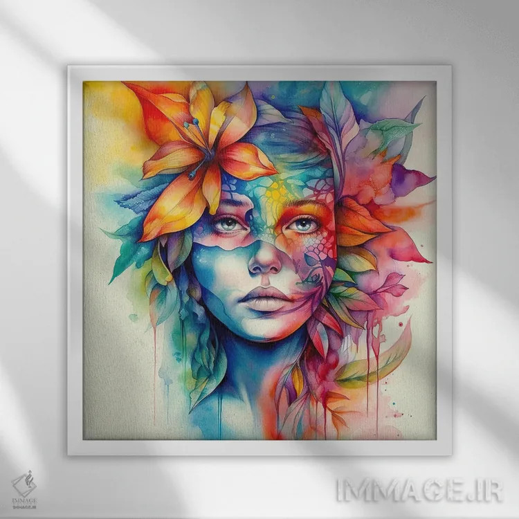 تابلو زن گرمسیری آبرنگی بیستم اثر استودیو کروماتیک فیوژن - نمای قابدار سفید