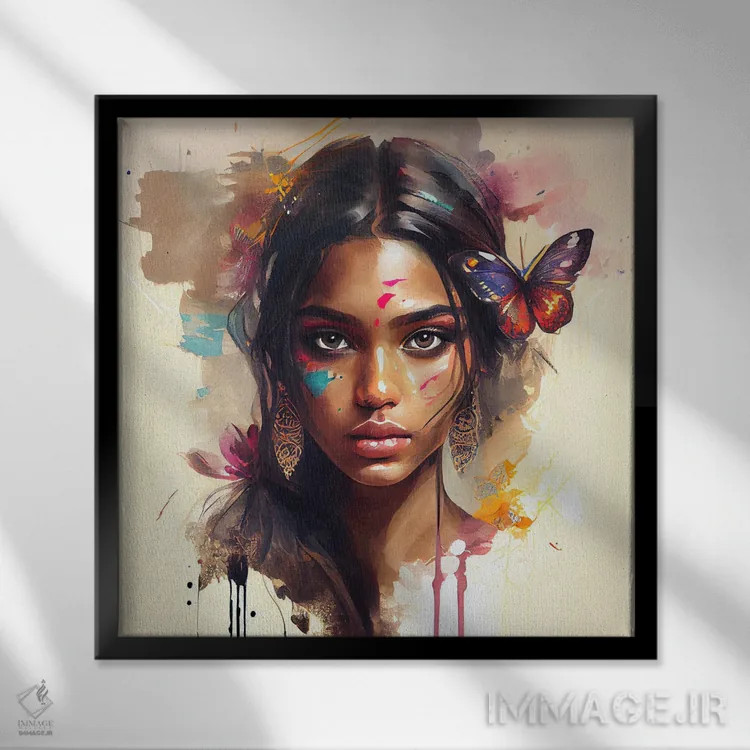 تابلو زن هندو آبرنگی یکم اثر استودیو کروماتیک فیوژن - نمای قابدار مشکی