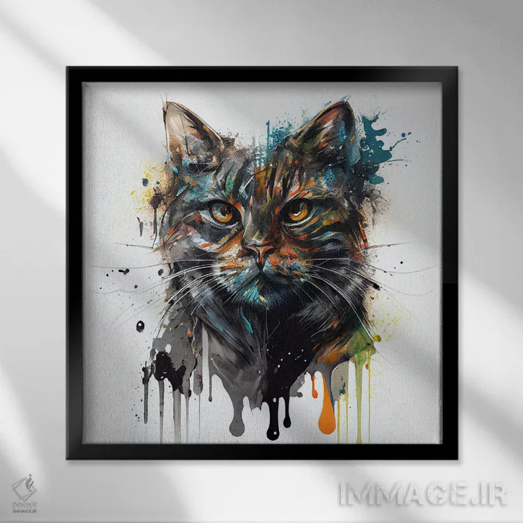 تابلو گربه آبرنگی یکم اثر استودیو کروماتیک فیوژن - نمای قابدار مشکی