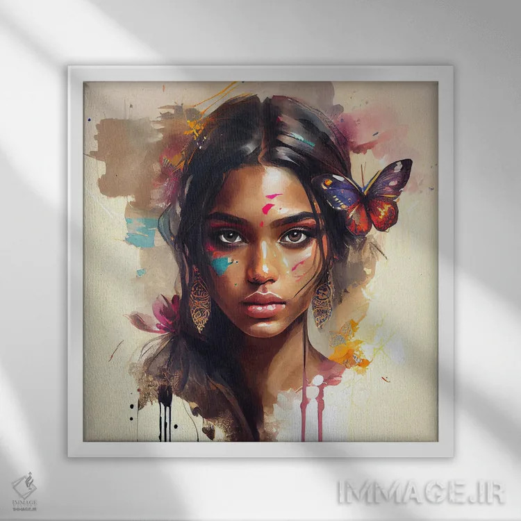 تابلو زن هندو آبرنگی یکم اثر استودیو کروماتیک فیوژن - نمای قابدار سفید