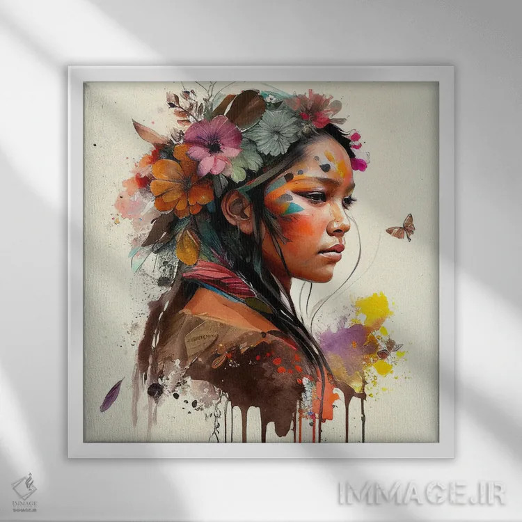 تابلو زن سرخپوست هندی با گلهای آبرنگی چهارم اثر استودیو کروماتیک فیوژن - نمای قابدار سفید