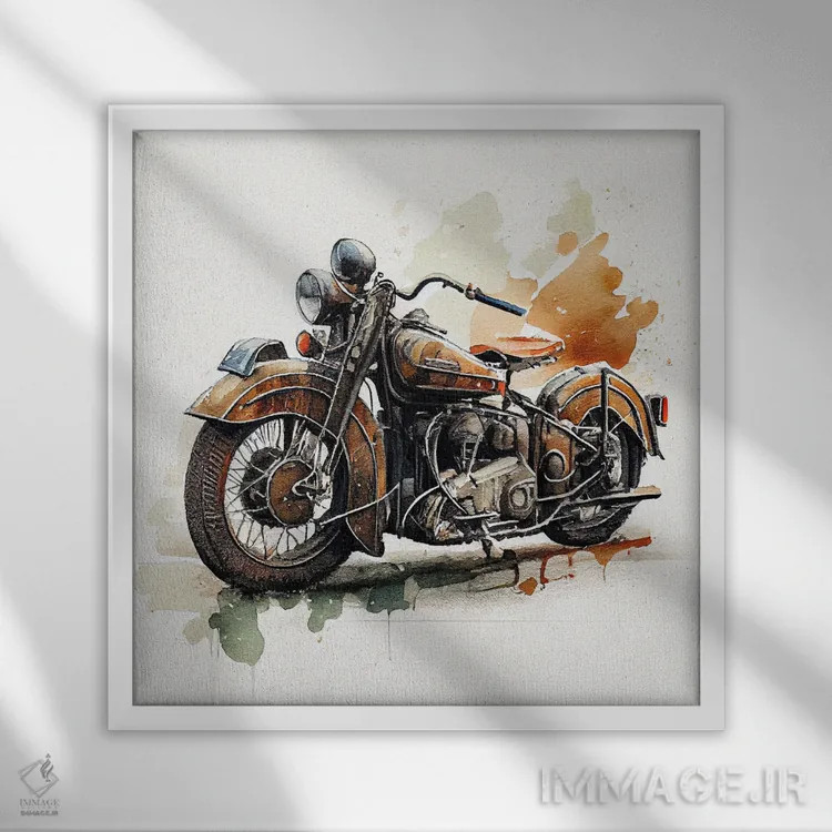تابلو موتورسیکلت کلاسیک آبرنگی یکم اثر استودیو کروماتیک فیوژن - نمای قابدار سفید