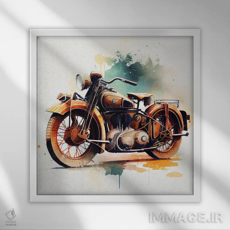 تابلو موتورسیکلت کلاسیک آبرنگی چهارم اثر استودیو کروماتیک فیوژن - نمای قابدار سفید