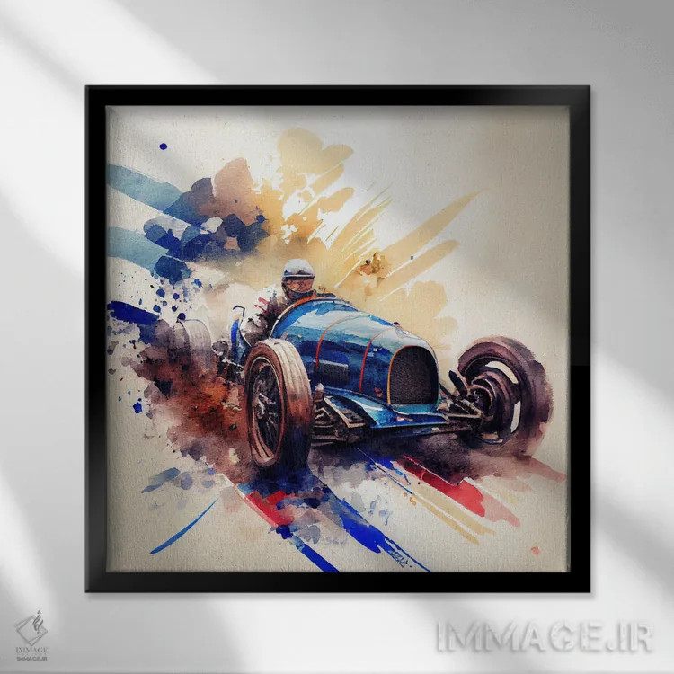 تابلو ماشین مسابقهای کلاسیک آبرنگی پنجم اثر استودیو کروماتیک فیوژن - نمای قابدار مشکی