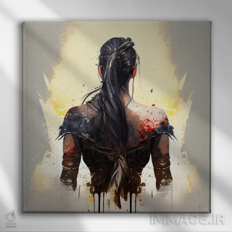 تابلو زن جنگجوی قدرتمند از پشت یکم اثر استودیو کروماتیک فیوژن - نمای روبهرو روی دیوار