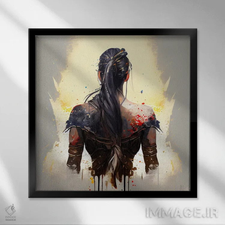 تابلو زن جنگجوی قدرتمند از پشت یکم اثر استودیو کروماتیک فیوژن - نمای قابدار مشکی