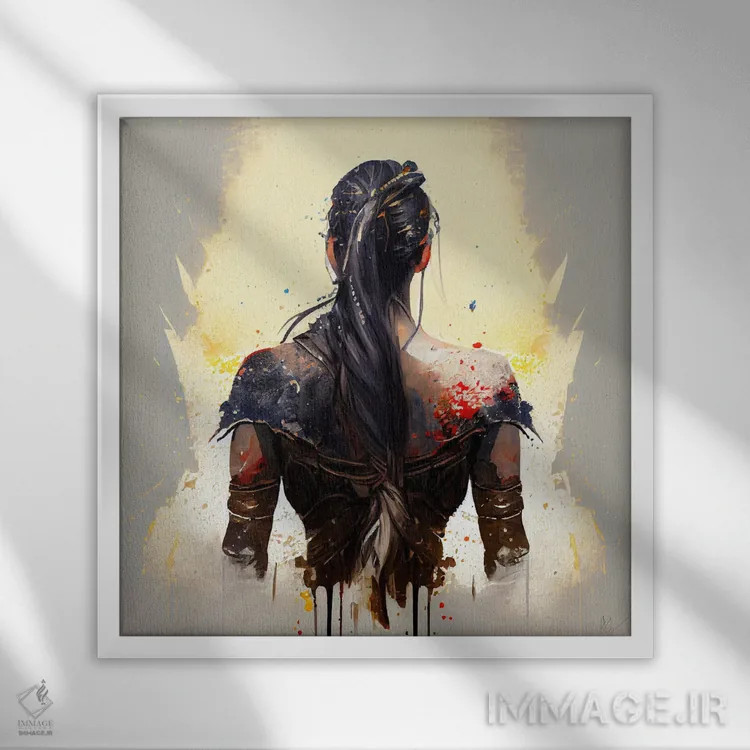 تابلو زن جنگجوی قدرتمند از پشت یکم اثر استودیو کروماتیک فیوژن - نمای قابدار سفید