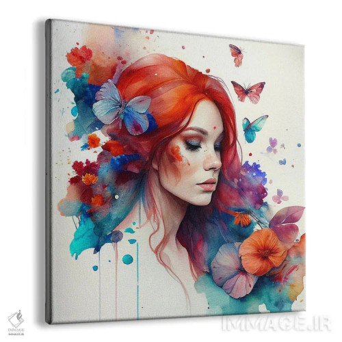 تابلو زن مو قرمز با گلهای آبرنگی چهارم اثر استودیو کروماتیک فیوژن - نمای پرسپکتیو محصول