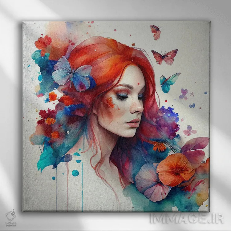 تابلو زن مو قرمز با گلهای آبرنگی چهارم اثر استودیو کروماتیک فیوژن - نمای روبهرو روی دیوار