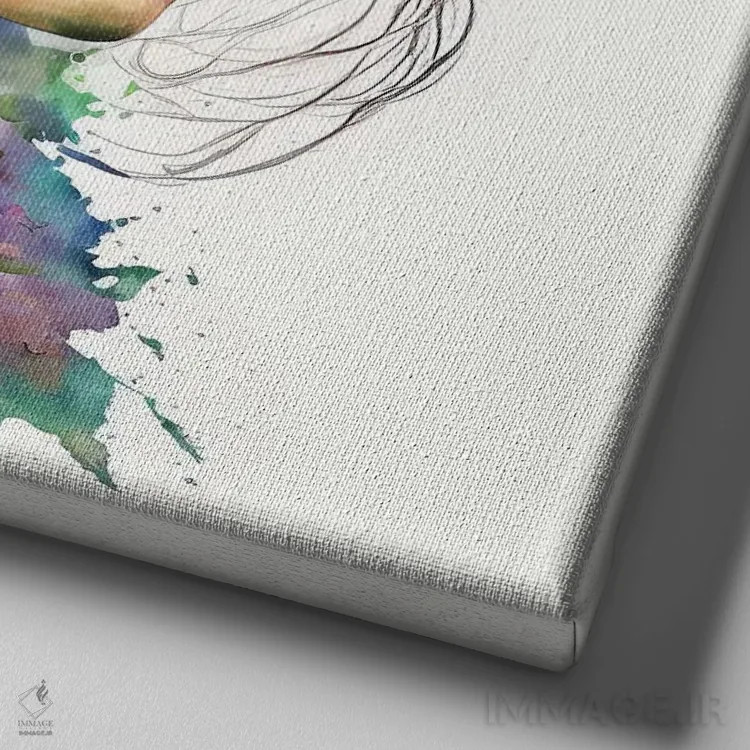 تابلو زن با گلهای آبرنگی یکم اثر استودیو کروماتیک فیوژن - نمای نزدیک بافت بوم