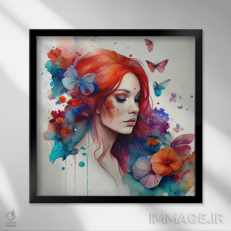 تابلو زن مو قرمز با گلهای آبرنگی چهارم اثر استودیو کروماتیک فیوژن - نمای قابدار مشکی