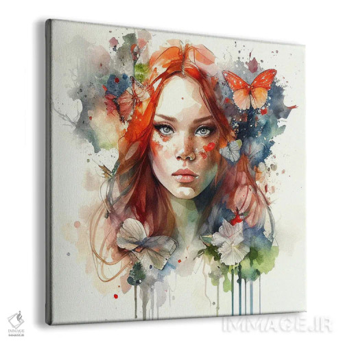 تابلو زن مو قرمز با گلهای آبرنگی هفتم اثر استودیو کروماتیک فیوژن - نمای پرسپکتیو محصول