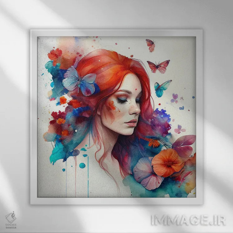 تابلو زن مو قرمز با گلهای آبرنگی چهارم اثر استودیو کروماتیک فیوژن - نمای قابدار سفید