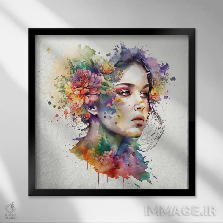 تابلو زن با گلهای آبرنگی یکم اثر استودیو کروماتیک فیوژن - نمای قابدار مشکی
