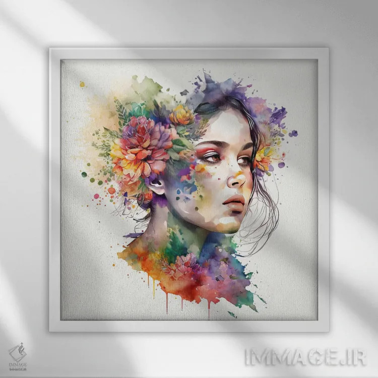 تابلو زن با گلهای آبرنگی یکم اثر استودیو کروماتیک فیوژن - نمای قابدار سفید