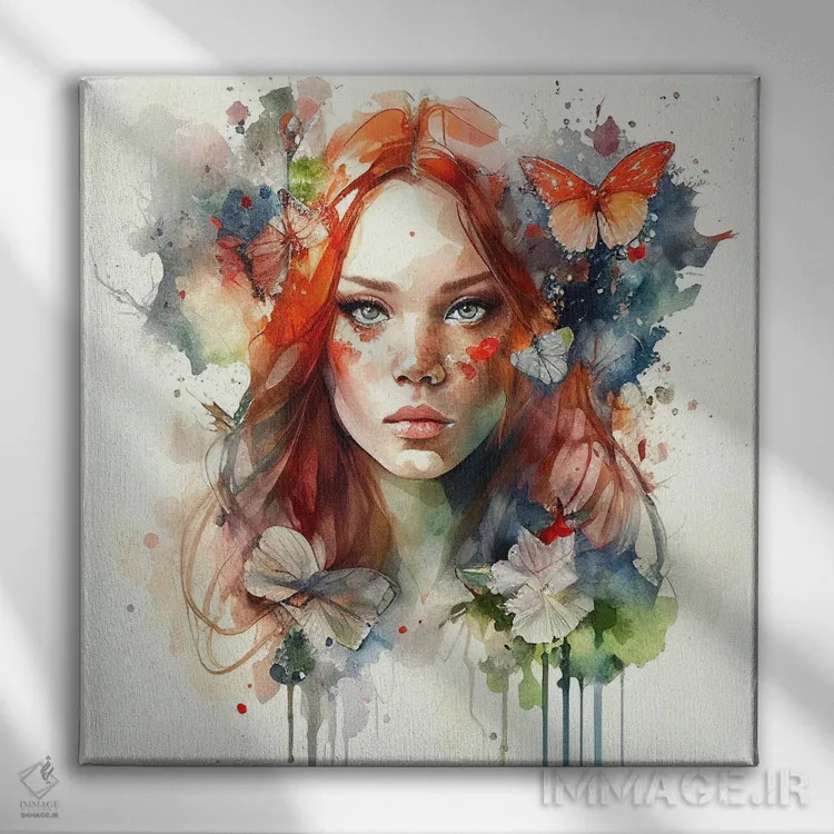 تابلو زن مو قرمز با گلهای آبرنگی هفتم اثر استودیو کروماتیک فیوژن - نمای روبهرو روی دیوار