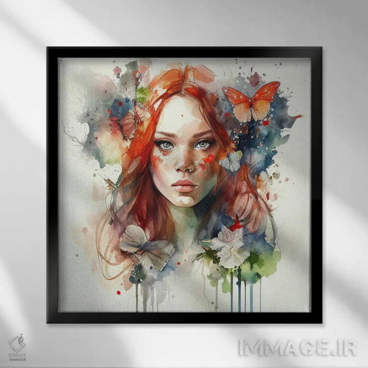تابلو زن مو قرمز با گلهای آبرنگی هفتم اثر استودیو کروماتیک فیوژن - نمای قابدار مشکی