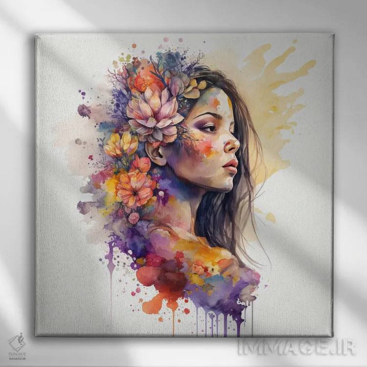 تابلو زن با گلهای آبرنگی دوم اثر استودیو کروماتیک فیوژن - نمای روبهرو روی دیوار