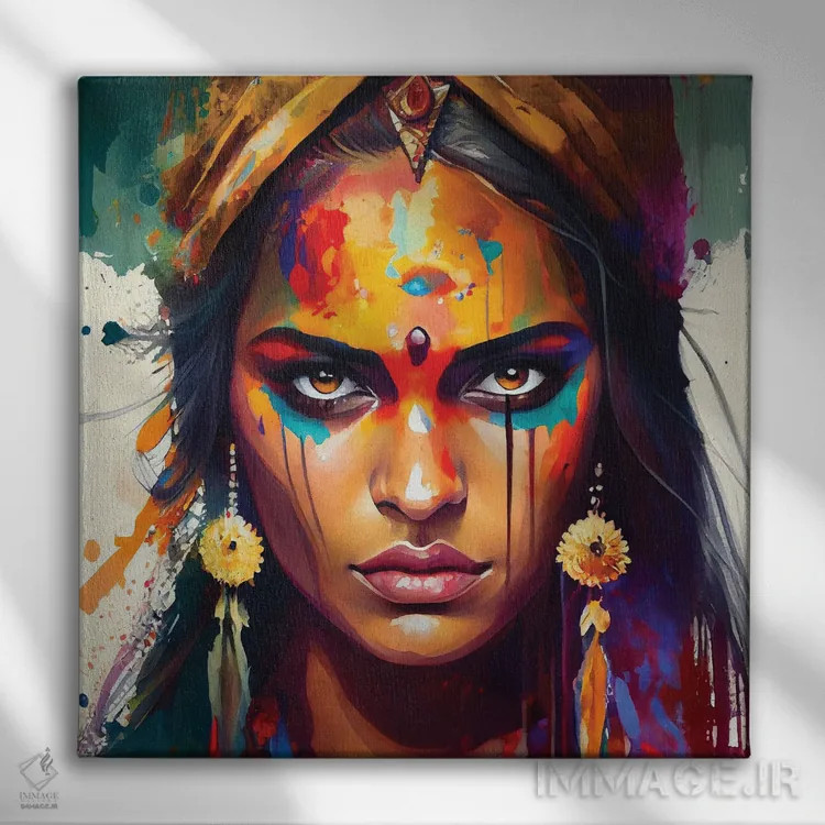 تابلو زن هندو قدرتمند یکم اثر استودیو کروماتیک فیوژن - نمای روبهرو روی دیوار