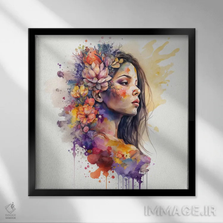 تابلو زن با گلهای آبرنگی دوم اثر استودیو کروماتیک فیوژن - نمای قابدار مشکی