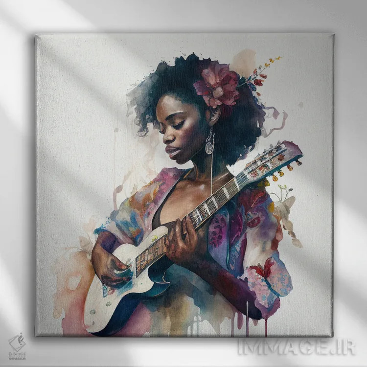 تابلو زن نوازنده آبرنگی دوم اثر استودیو کروماتیک فیوژن - نمای روبهرو روی دیوار