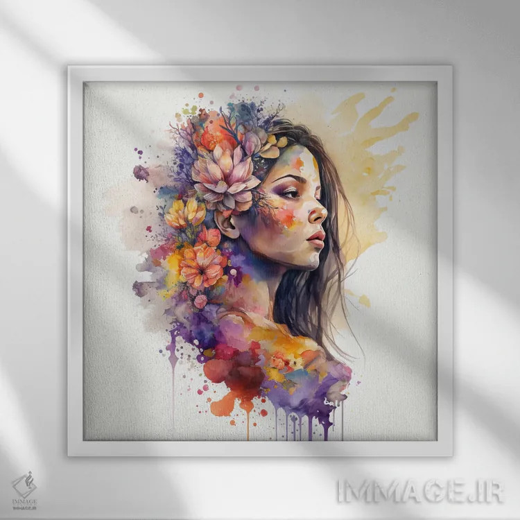 تابلو زن با گلهای آبرنگی دوم اثر استودیو کروماتیک فیوژن - نمای قابدار سفید