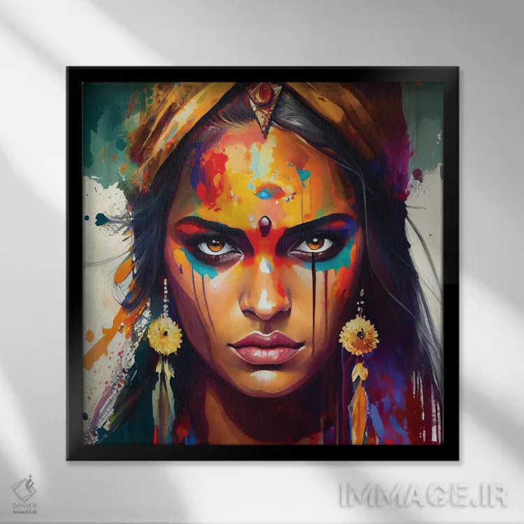 تابلو زن هندو قدرتمند یکم اثر استودیو کروماتیک فیوژن - نمای قابدار مشکی
