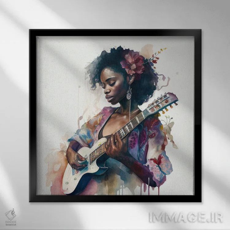 تابلو زن نوازنده آبرنگی دوم اثر استودیو کروماتیک فیوژن - نمای قابدار مشکی