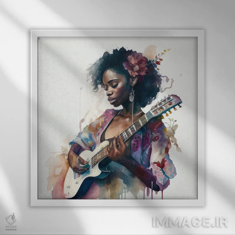 تابلو زن نوازنده آبرنگی دوم اثر استودیو کروماتیک فیوژن - نمای قابدار سفید