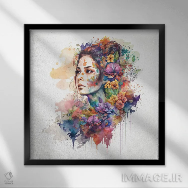 تابلو زن با گلهای آبرنگی سوم اثر استودیو کروماتیک فیوژن - نمای قابدار مشکی