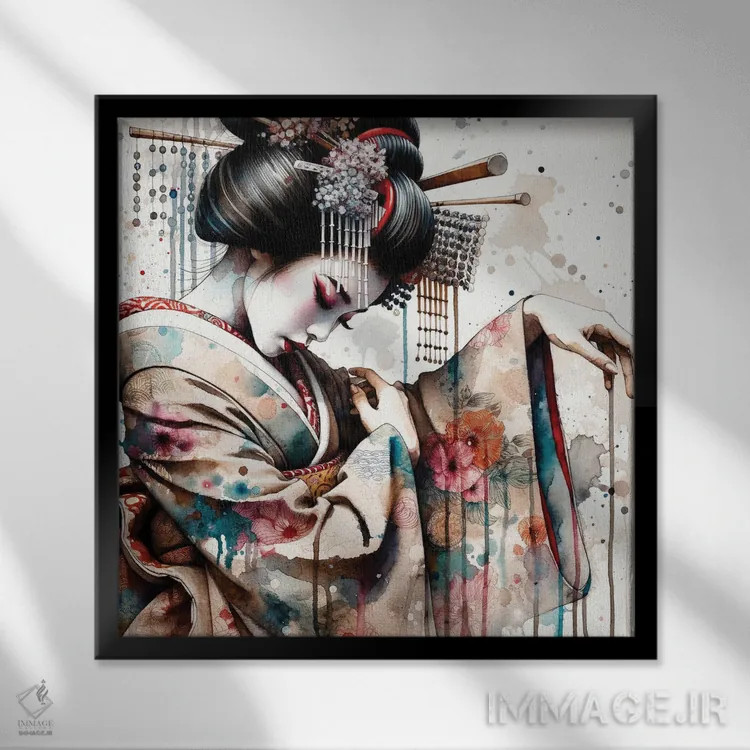 تابلو گیشای رقصنده آبرنگی یکم اثر استودیو کروماتیک فیوژن - نمای قابدار مشکی