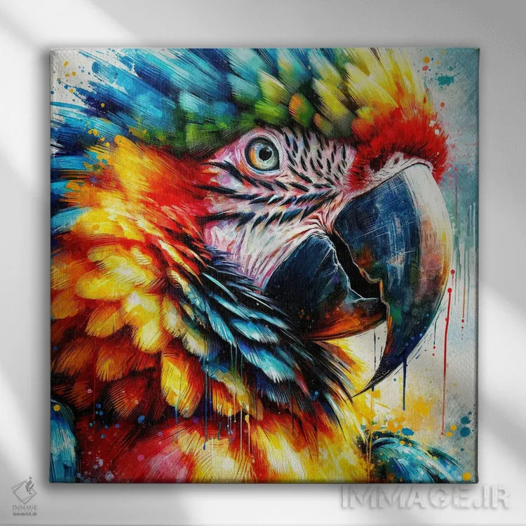 تابلو طوطی ماکائو آبرنگی یکم اثر استودیو کروماتیک فیوژن - نمای روبهرو روی دیوار
